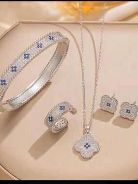 Silver Floral Cubic Zirconia 4-Piece Jewelry Set - Blue Accents